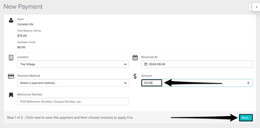 screenshot of where to enter in the covered amount on the first receive payment screen from the insurer