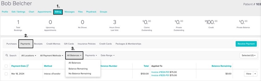 An image of the navigational steps to view payments with balances remaining
