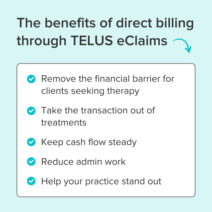 A checklist design against a light blue background. The header, in black text, reads: "The benefits of direct billing through TELUS eClaims", followed by a square filled in with a white background and five white checkmarks in blue circles. The first point reads: "Remove the financial barrier for clients seeking therapy". The second point reads: "Take the transaction out of treatments." The third point reads: "Keep cash flow steady". The fourth point reads: "Reduce admin work." The fifth point reads: "Help your practice stand out."