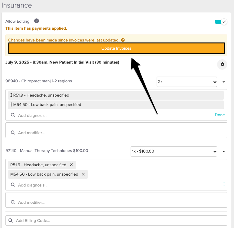 An image of where to view and click on the update invoices button within the insurance or insurance info section