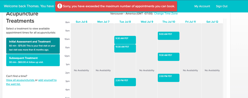 An image of the error message a patient will see when attempting to book another appointment and they have exceeded the limit