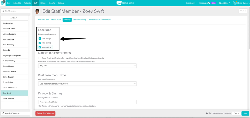 An image of where to adjust the location settings within a staff member's profile