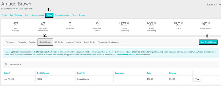 An image on the navigational steps to creating a credit memo within a patient's profile