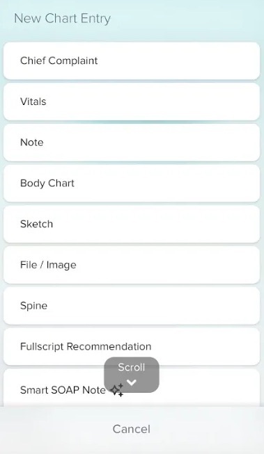 An image of what the chart part options are and the prompt to scroll down further on the screen to select a chart template