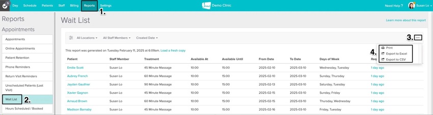 An image of the navigational steps to get to the report and where to click to export it