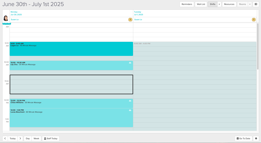 An image of where to find an empty slot on the schedule with a shift in place