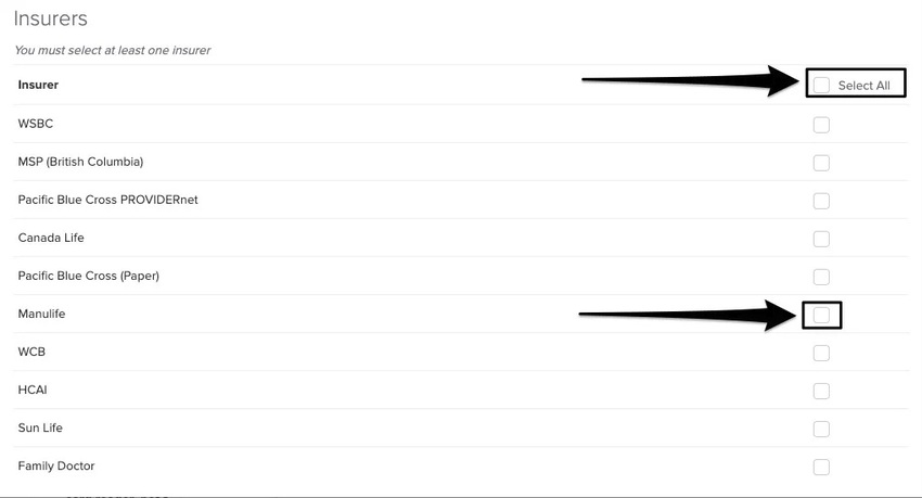screenshot of where to toggle on specific insurers or to select them all at once