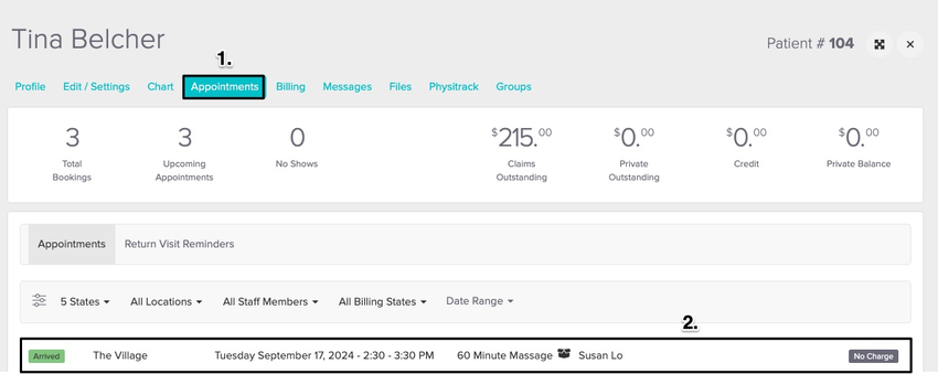 screenshot of navigation to the appointment tab from the patient profile