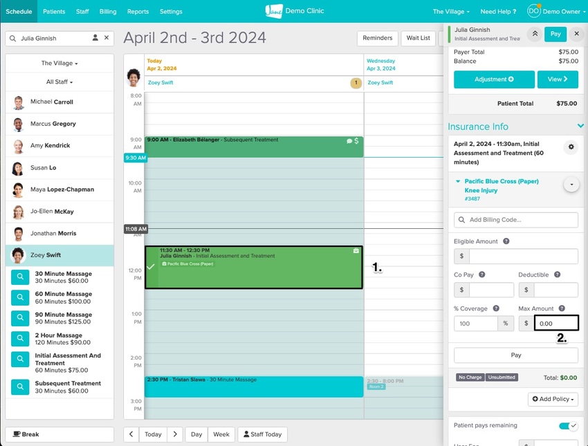 screenshot of schedule tab after an appointment is clicked on