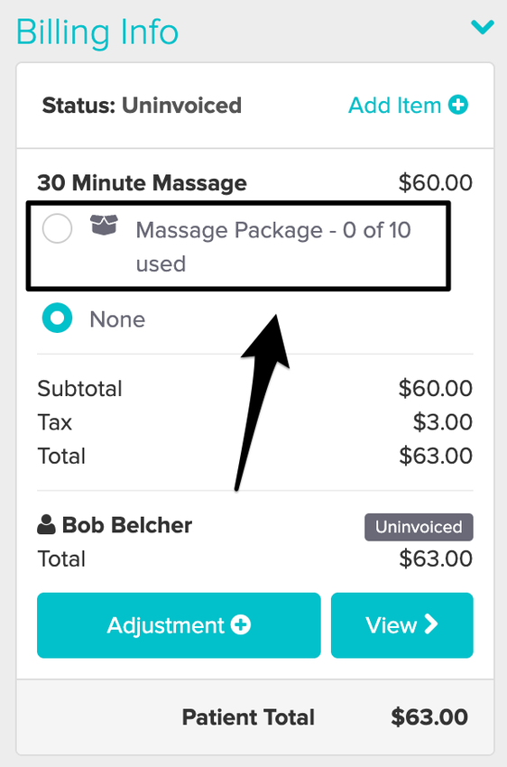 An image of how the package appears in the appointment panel once it's added to the visit