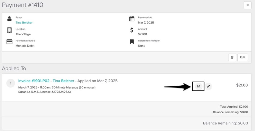 a screenshot of where to view the unapply icon to unapply the payment from the invoice