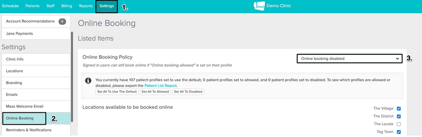 Image showing that you can click on a dropdown in the top right to disable online booking