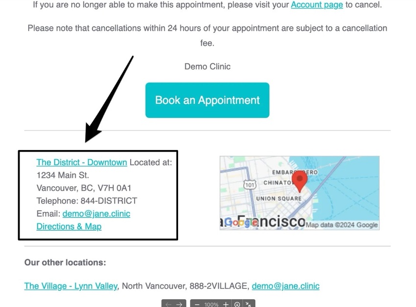 An image of where contact information is displayed when a patient scrolls down to the bottom of the notification