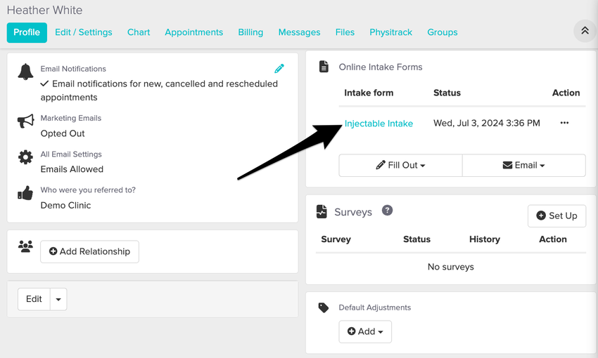 screenshot of completed intake form in patient profile