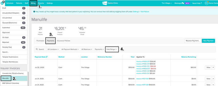 An image of the navigational steps to view a list of insurer payments