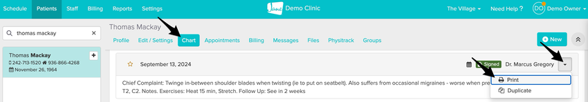 exporting a single chart entry in a patient's Chart with the Print button