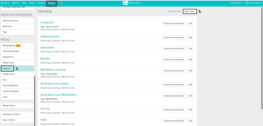 screenshot of clicking on the settings tab, insurers and then the new insurer button