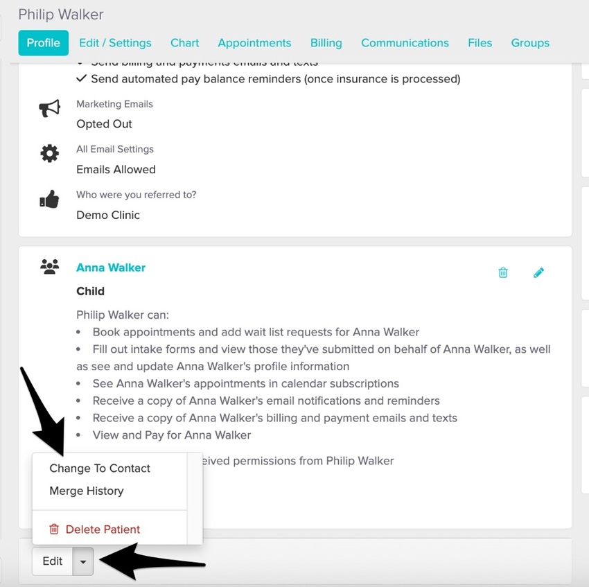 An image of the navigational steps to start the process of changing a patient to a contact profile