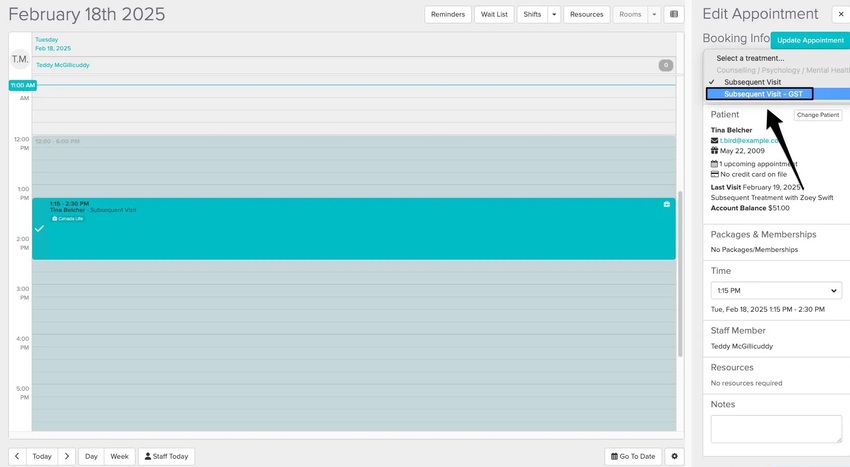 An image of the schedule and switching the appointment type
