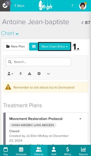 An image of where to view and tap on the new chart entry button to begin charting on a smartphone