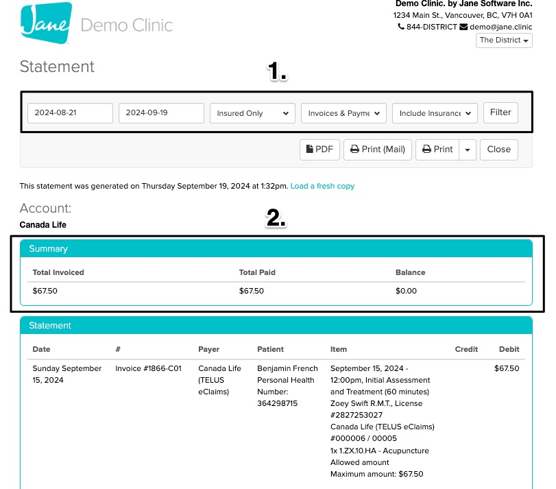 An image of what the insurer statement looks like and the different filters that can be applied