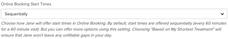 An image of what the online booking start time setting looks like within the staff member's profile after they navigate to the online booking area