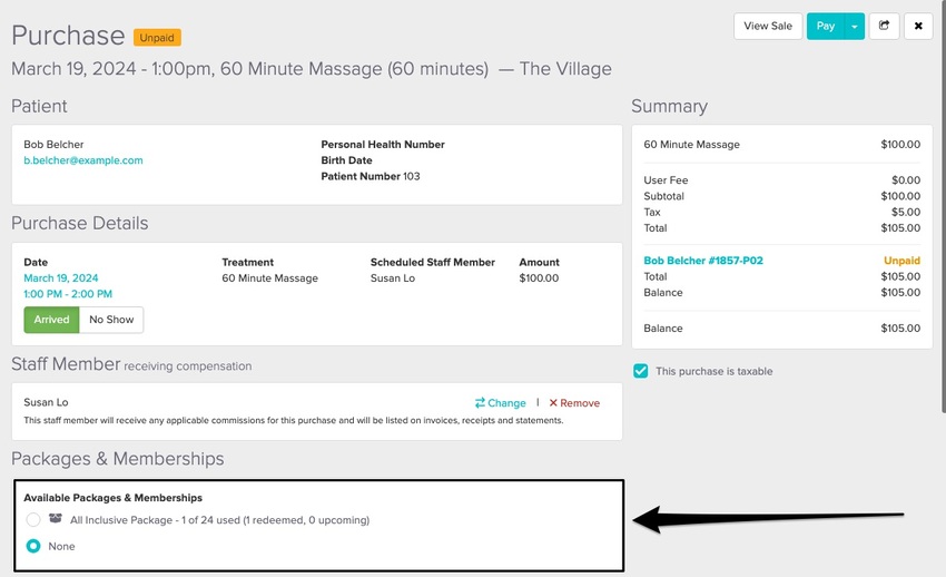 scroll down on the purchase screen to the Packages and Memberships section. Click in the circle to redeem the package