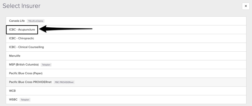 screenshot of the list of insurers to select from when creating the policy