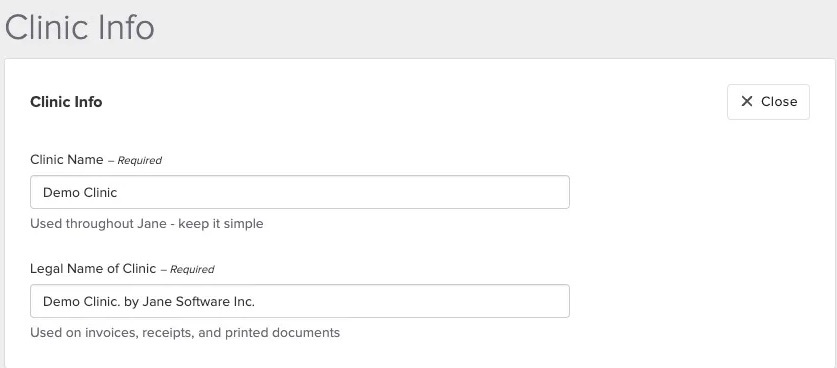 An image of where to update both the clinic's general and legal name