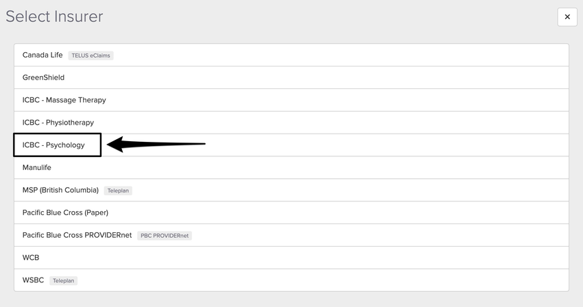 screenshot of where to select the insurer from the list of options