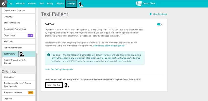 An image of the navigational steps to view the reset button under the settings tab