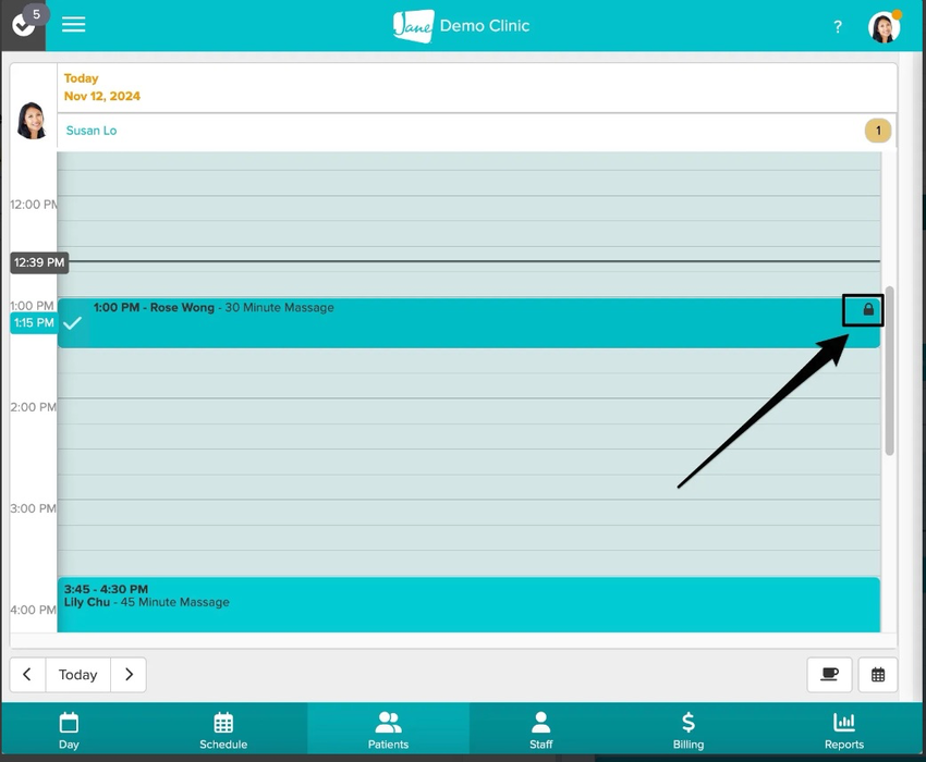 An image of where the lock sign will appear in the top right corner of the appointment