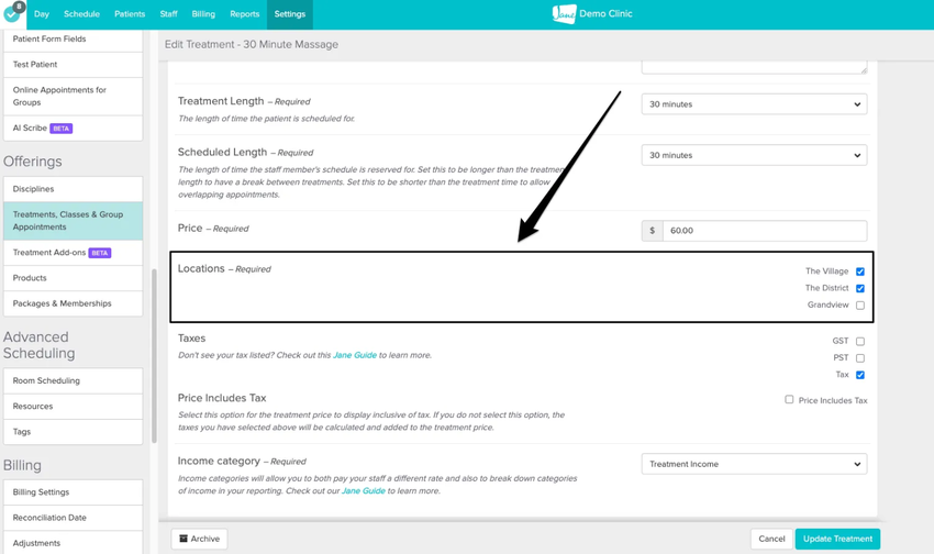 An image of the navigational steps and where to adjust the location settings for the treatment