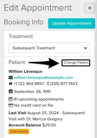 An image of where to find and click on the Change Patient button within the appointment panel