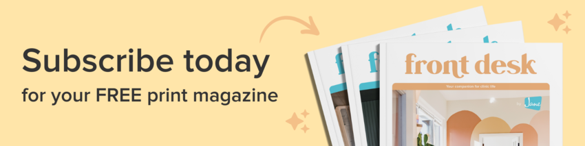 The cover of Front Desk magazine against a yellow background with the text: "Subscribe today for your FREE magazine"