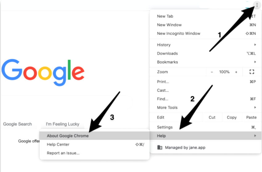 A screenshot image on how to select the three dots in Google Chrome, select "help," and then "About Google Chrome"