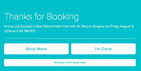 screenshot of the pop up message with the booking options