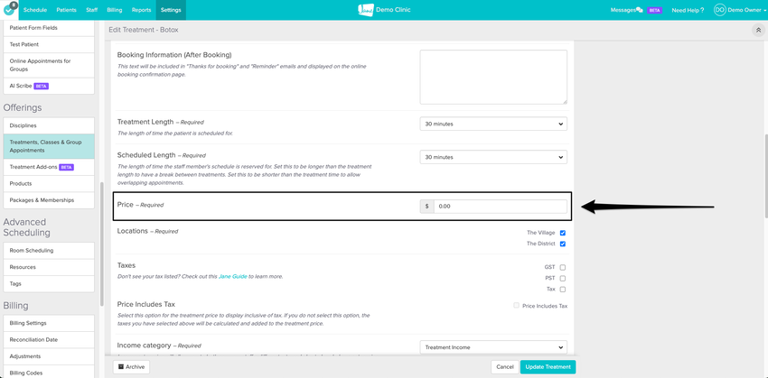An image of the navigational steps and where to scroll down within the details of an appointment to update the price