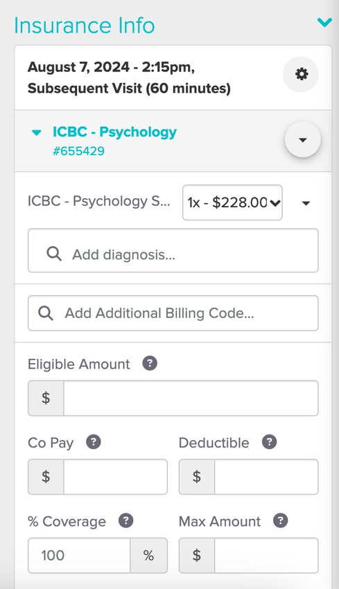 screenshot of what the policy looks like added to the visit with the billing code