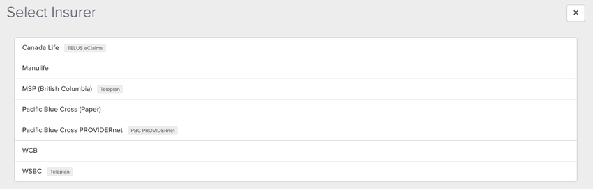 An image of what it looks like to select the insurer type when creating the patient's policy