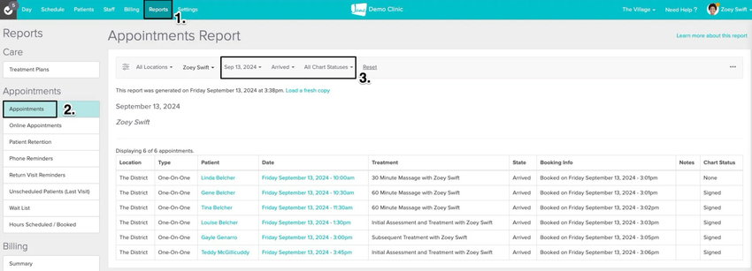 an image of the reports tab to view the appointments report and the different filters you can use to narrow down the data