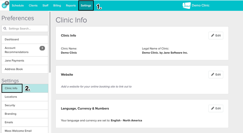 an image showing the navigation to the clinic info section within the settings tab