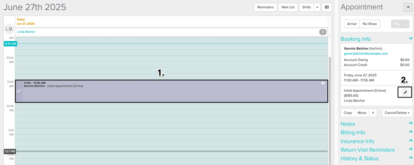 An image of the navigational steps to open up the appointment panel