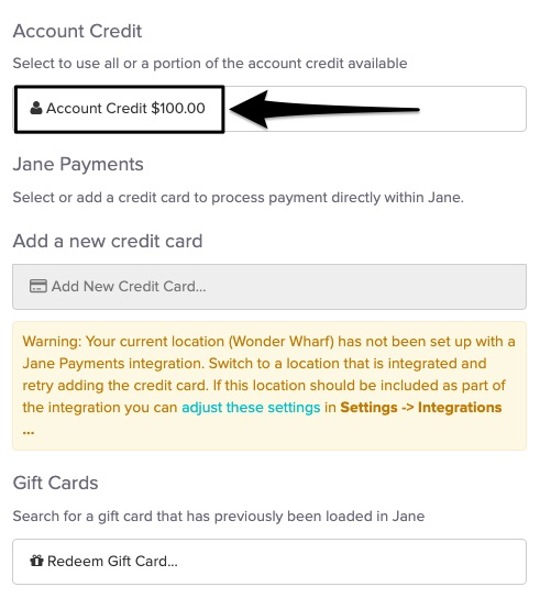 screenshot of where you'll see the account credit listed to select