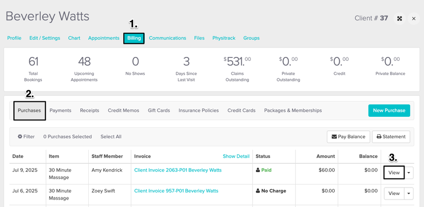 An image of the navigational steps to view and select the patient's invoice within their profile