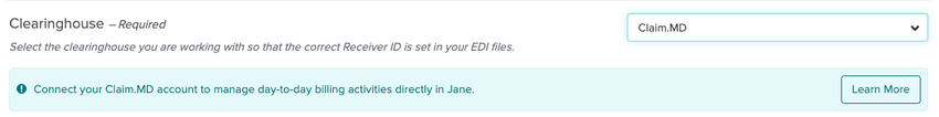 An image of the Clearinghouse section within the Billing Settings area for clinics managing insurance claims