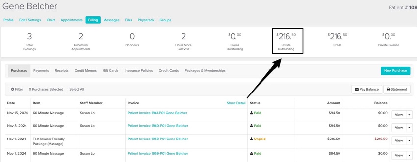 An image of where to view and click on the Private Outstanding tile within the patient's profile