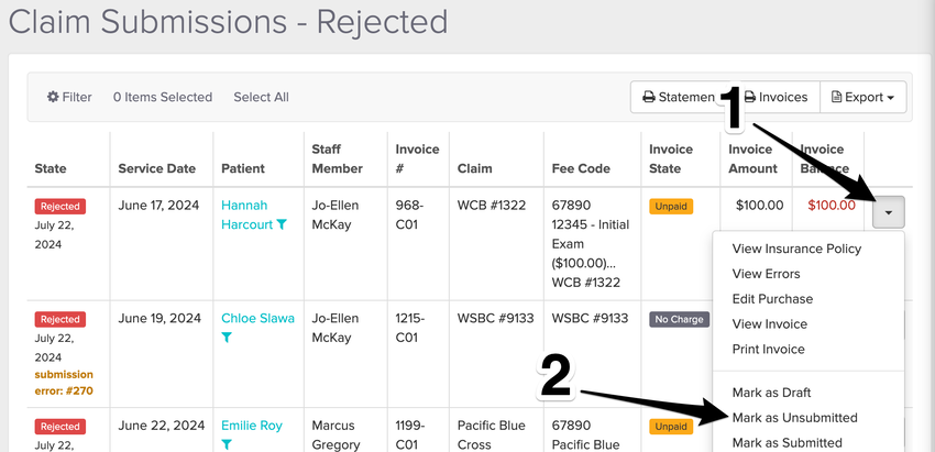 managing claims in the rejected folder