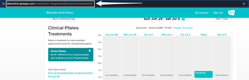 An image of where to find the booking link or URL within the browswer once the class is selected