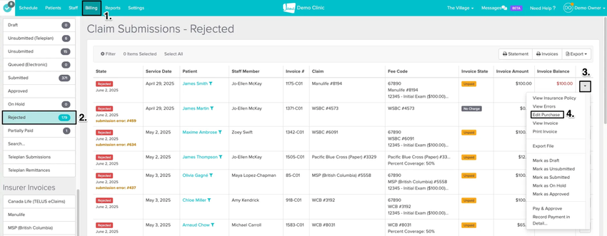 An image of the navigational steps to view and update the rejected claim submission